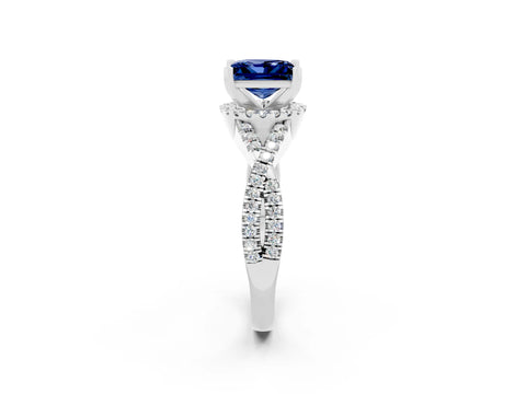 White gold Princess Cut Blue Sapphire Halo Twist Band Solitaire Prong Setting Ring_2