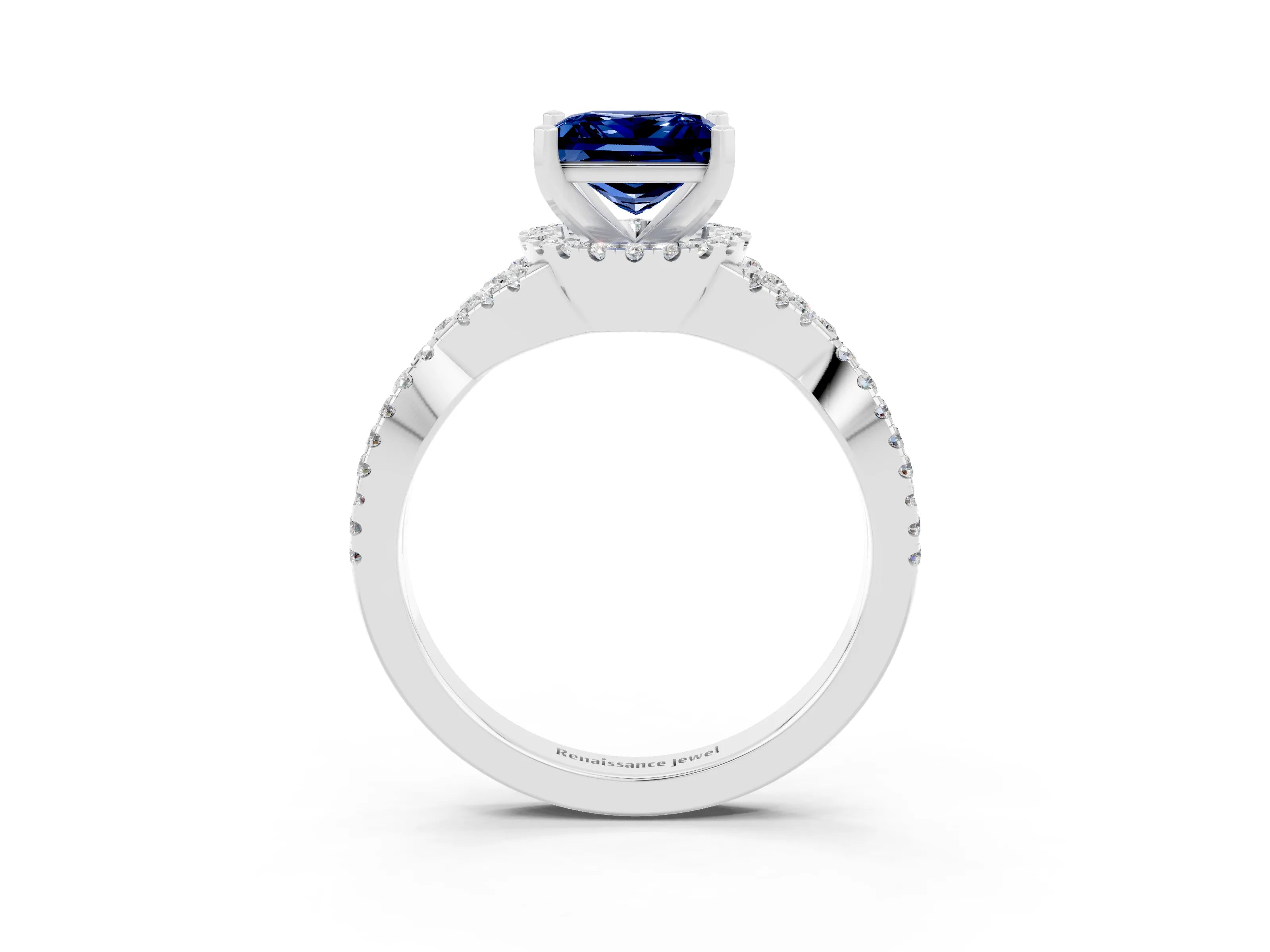 White gold Princess Cut Blue Sapphire Halo Twist Band Solitaire Prong Setting Ring_3
