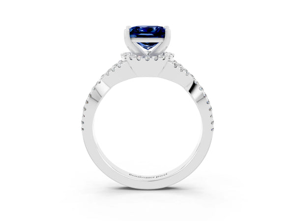 White gold Princess Cut Blue Sapphire  Halo Twist Band Solitaire Prong Setting Ring