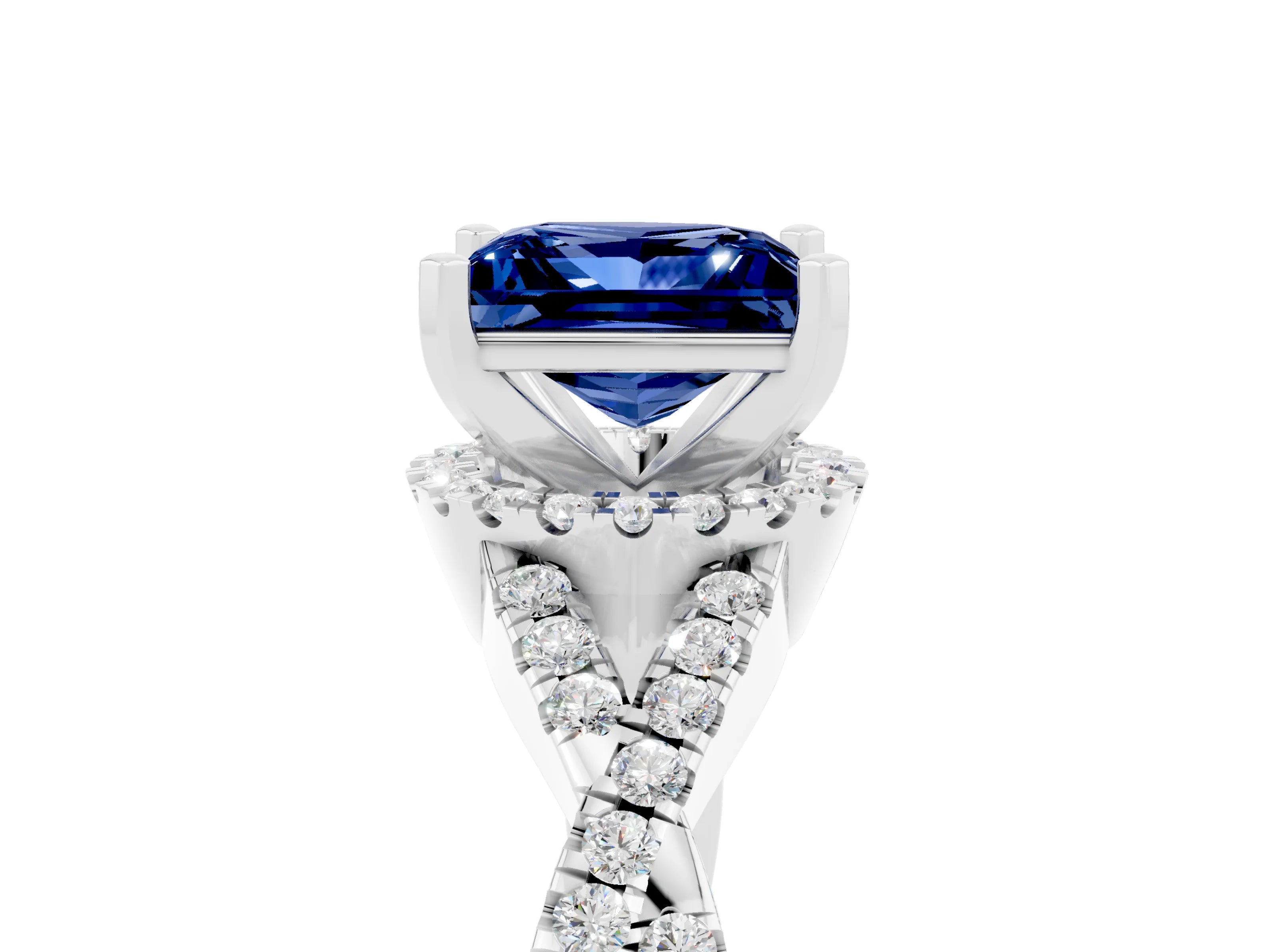 White gold Princess Cut Blue Sapphire Halo Twist Band Solitaire Prong Setting Ring_5