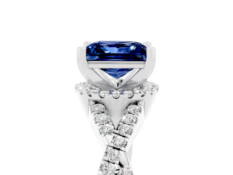 White gold Princess Cut Blue Sapphire Halo Twist Band Solitaire Prong Setting Ring_5