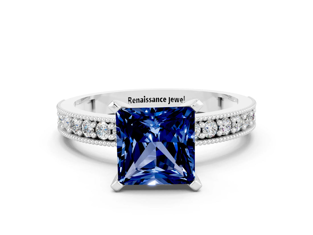 White gold Princess Cut Blue Sapphire Milgrain Pavé Engagement Ring with Four-Prong Setting_12