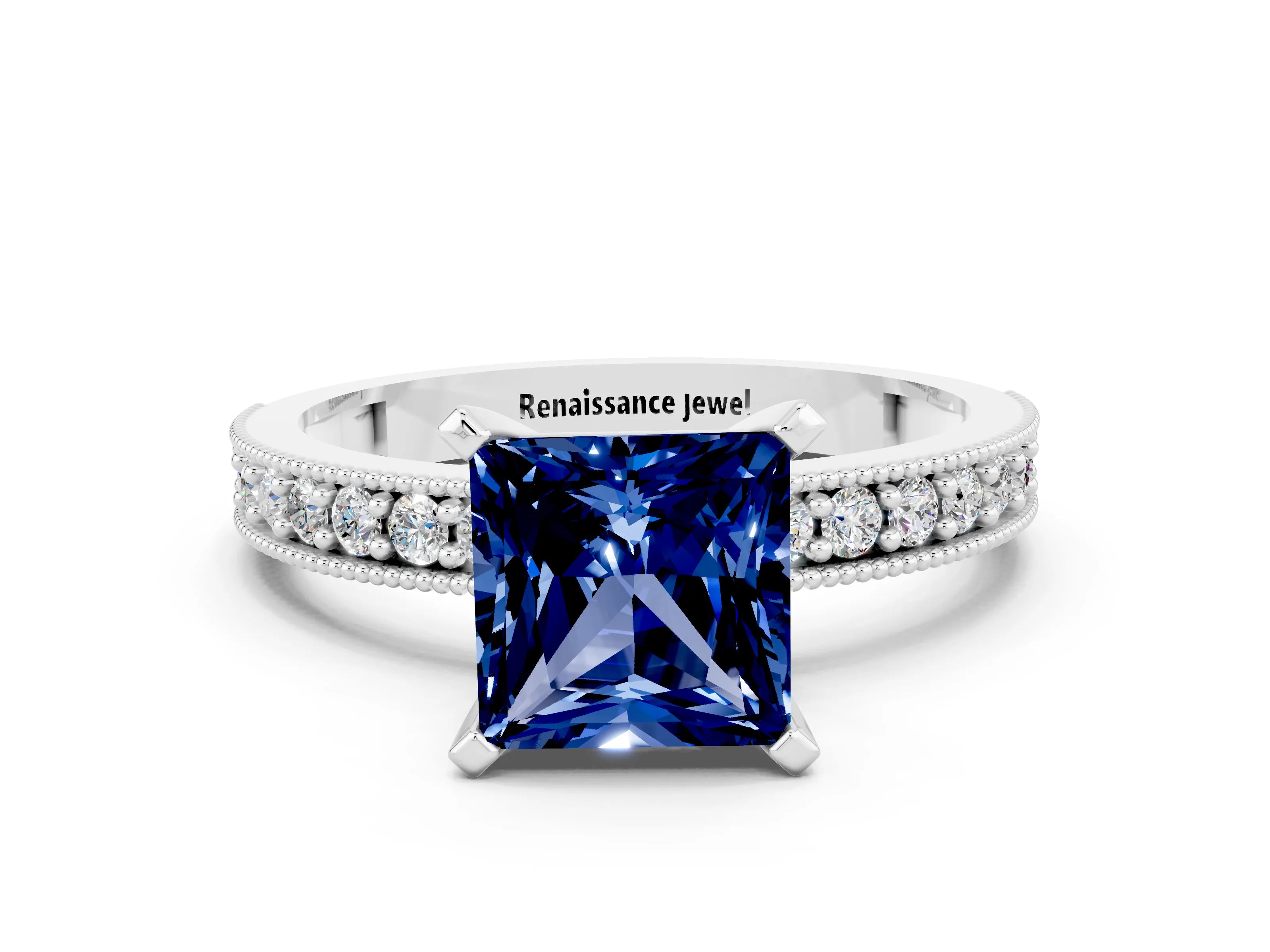 White gold Princess Cut Blue Sapphire Milgrain Pavé Engagement Ring with Four-Prong Setting_12