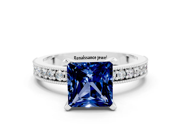 Silver Princess Cut Blue Sapphire Milgrain Pavé Engagement Ring with Four-Prong Setting