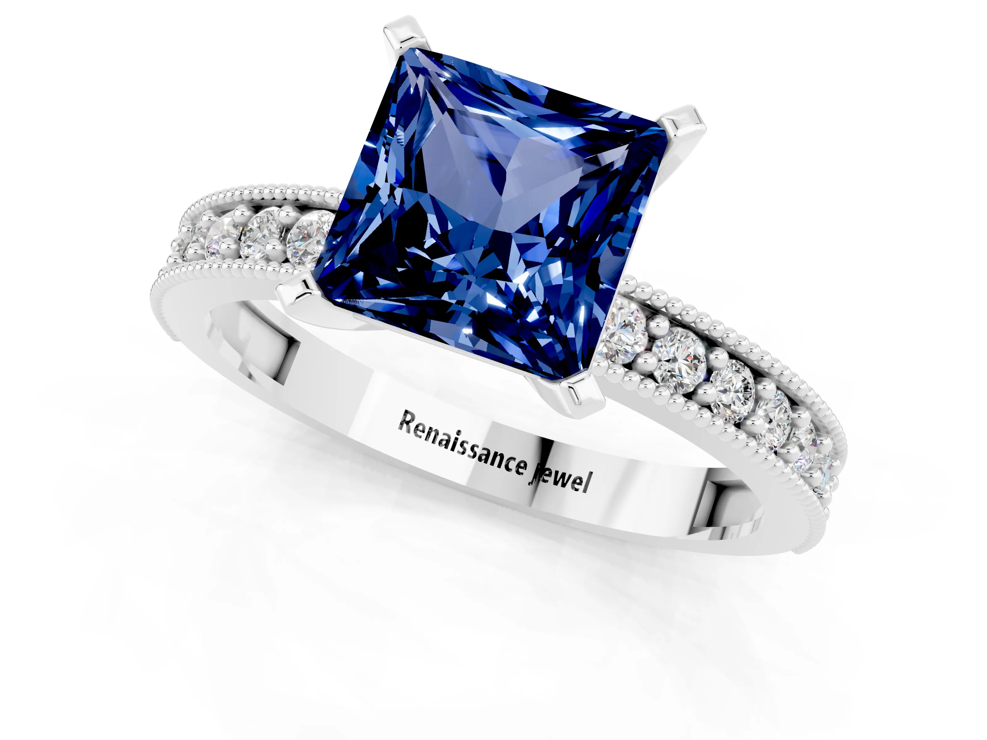 White gold Princess Cut Blue Sapphire Milgrain Pavé Engagement Ring with Four-Prong Setting_13