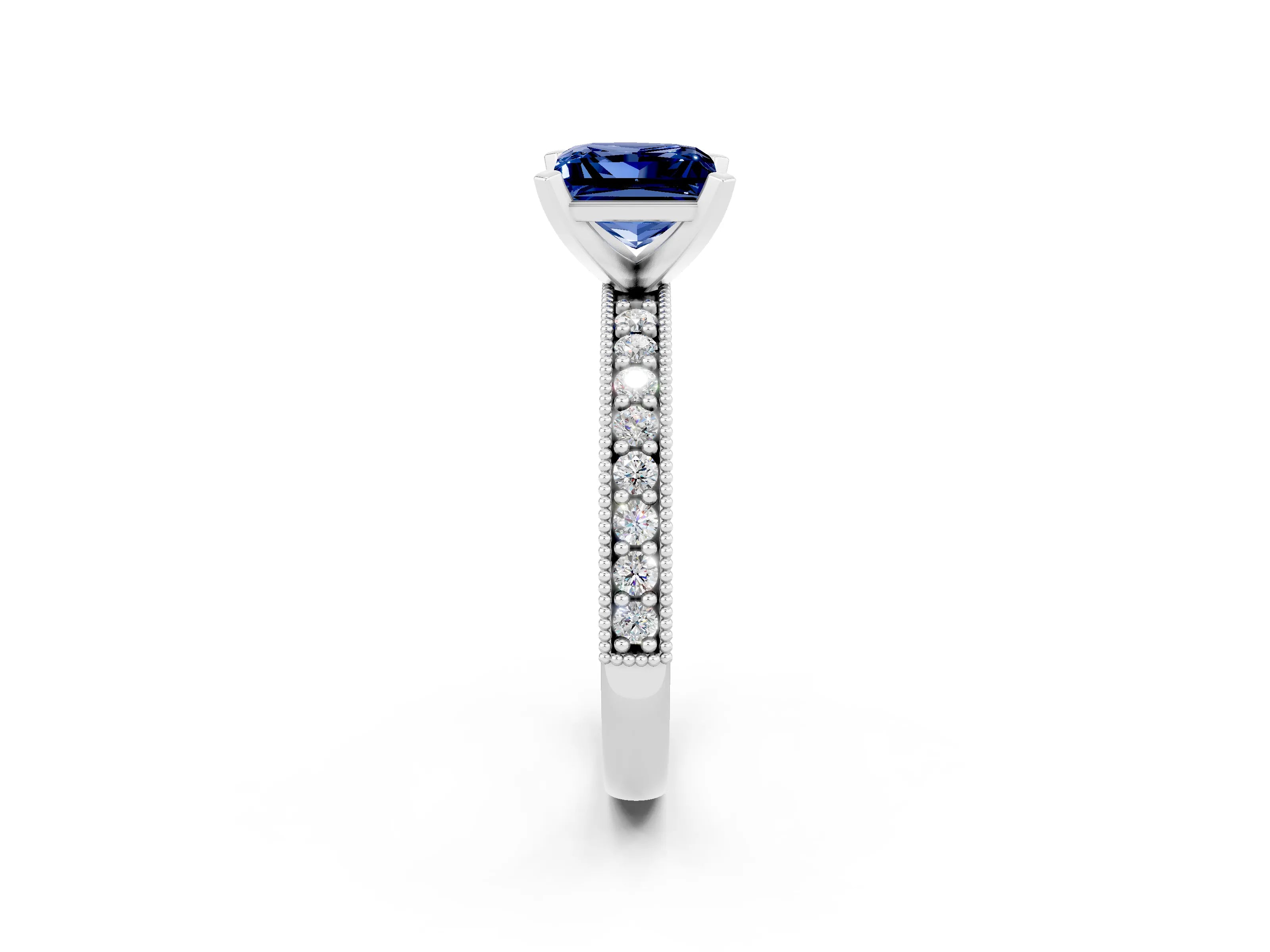 White gold Princess Cut Blue Sapphire Milgrain Pavé Engagement Ring with Four-Prong Setting_14
