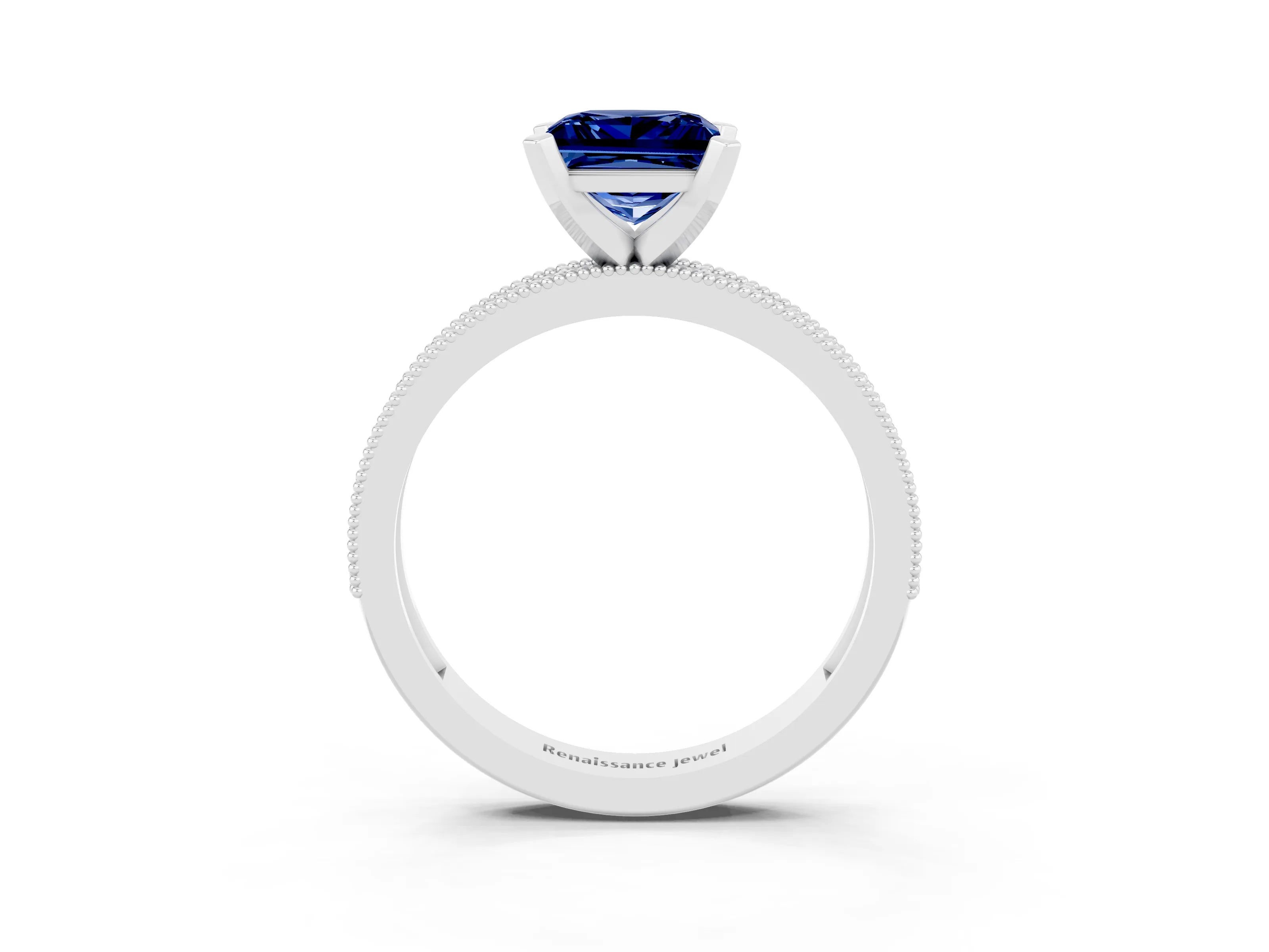 White gold Princess Cut Blue Sapphire Milgrain Pavé Engagement Ring with Four-Prong Setting_15