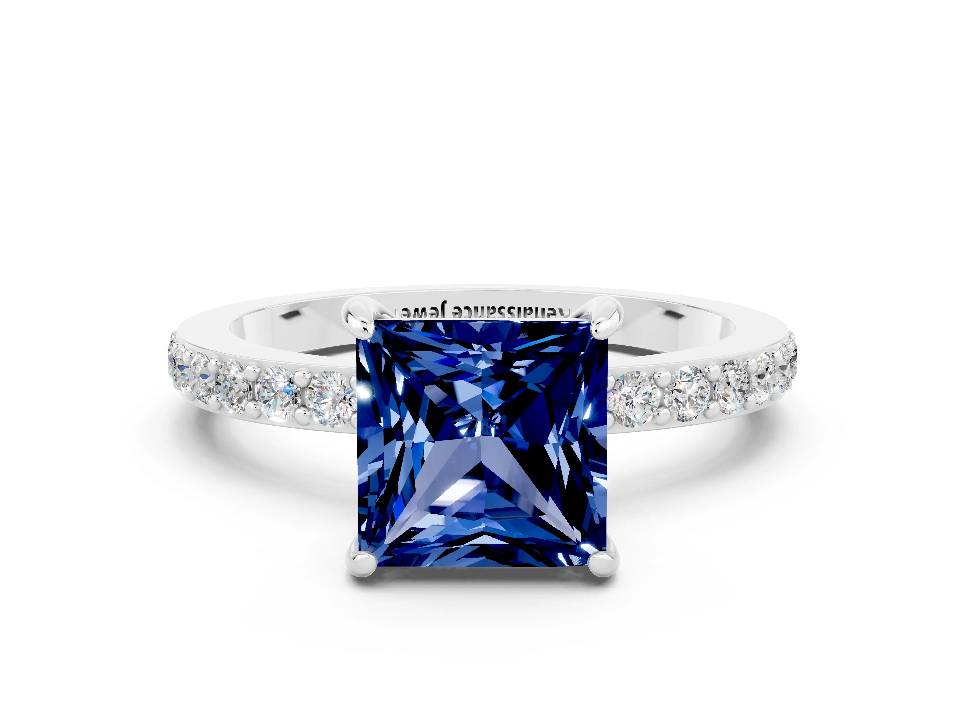 White gold Princess Cut Blue Sapphire Pavé Engagement Ring with Round  Accents and Prong Setting_24