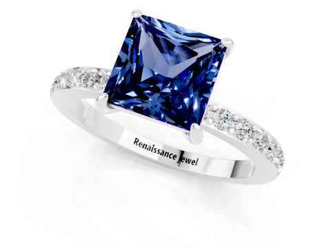 White gold Princess Cut Blue Sapphire Pavé Engagement Ring with Round  Accents and Prong Setting_25