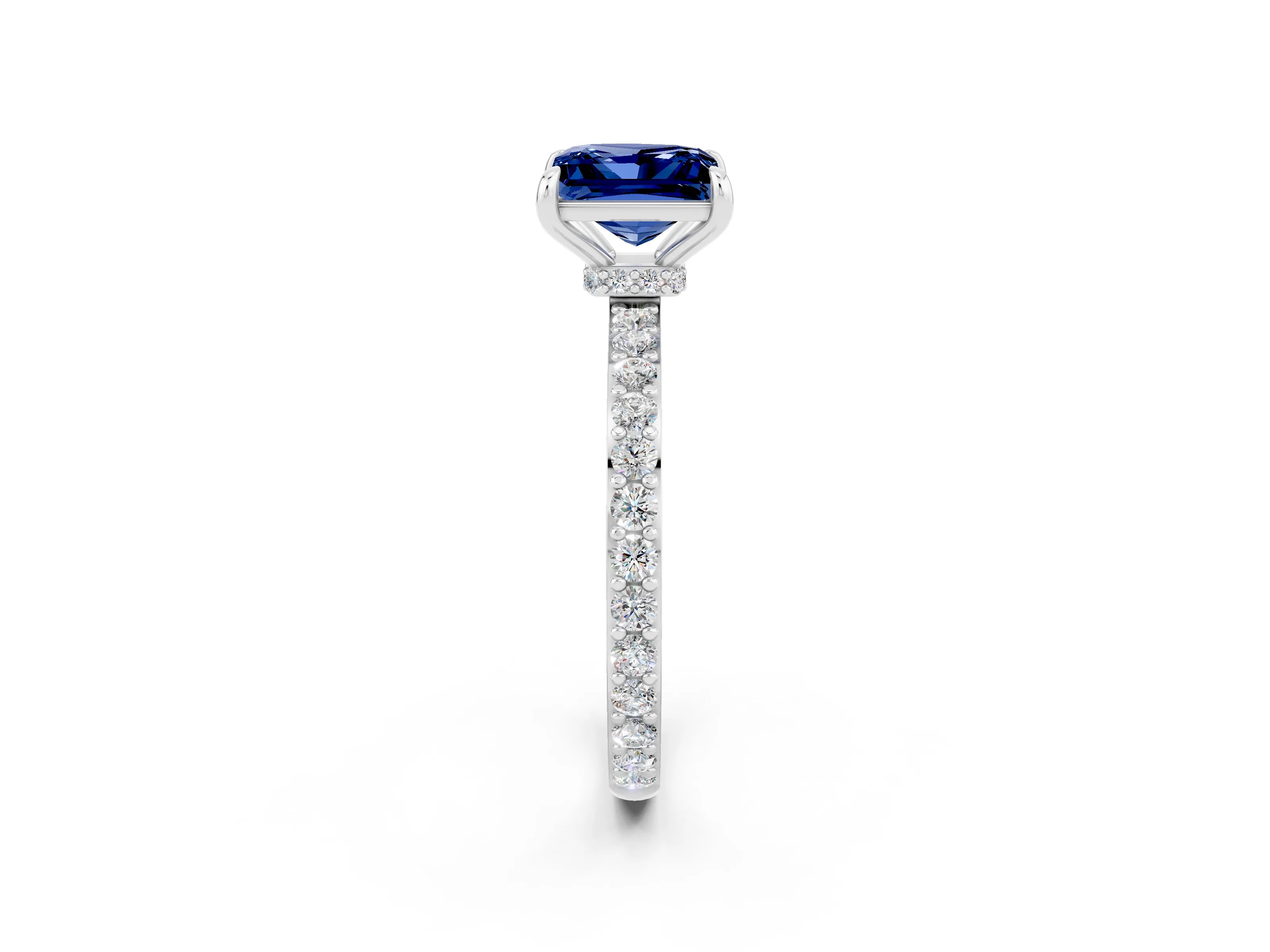 White gold Princess Cut Blue Sapphire Pavé Engagement Ring with Round  Accents and Prong Setting_26