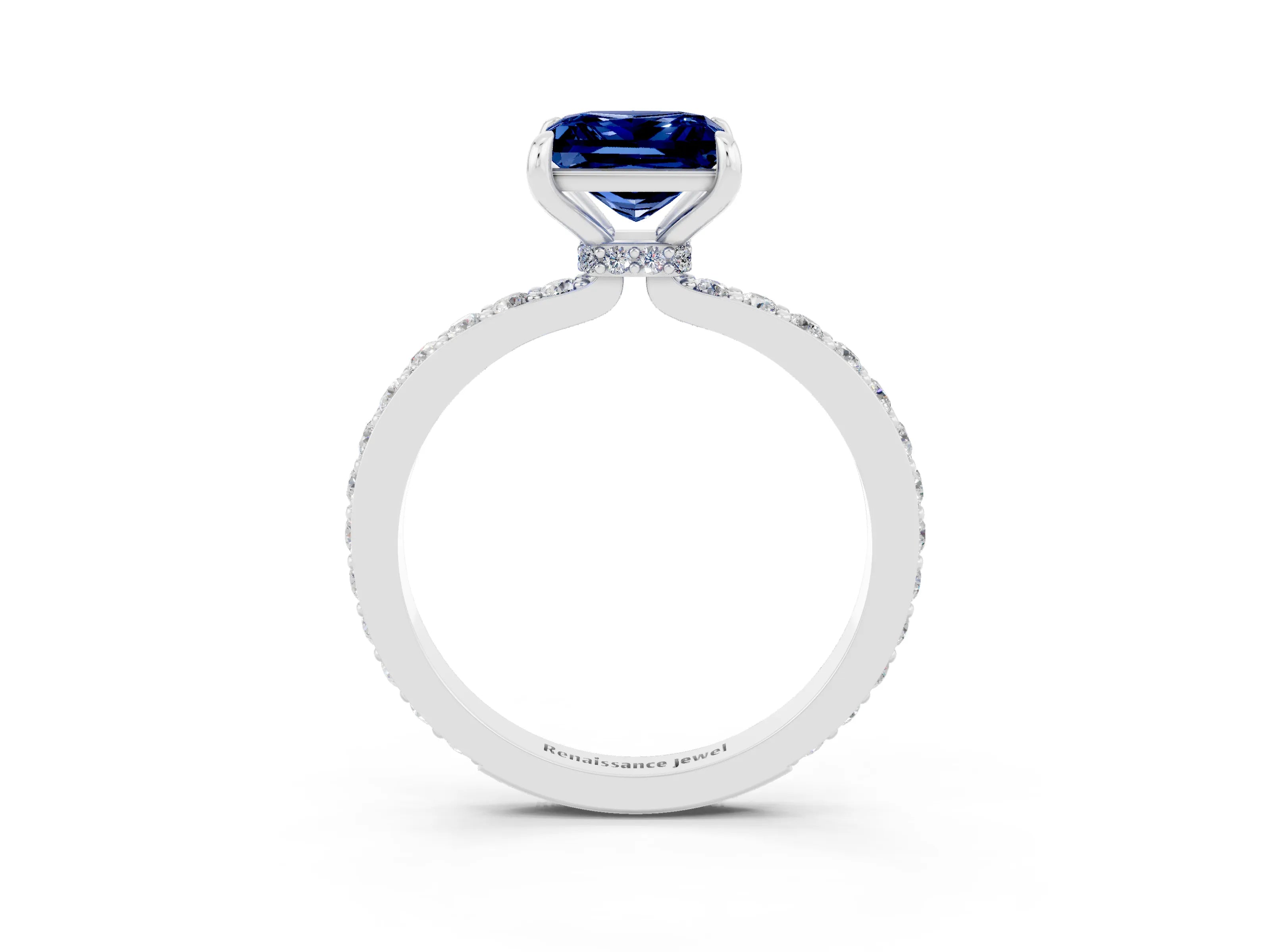 White gold Princess Cut Blue Sapphire Pavé Engagement Ring with Round  Accents and Prong Setting_27