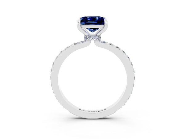 Platinum Princess Cut Blue Sapphire Pavé Engagement Ring with Round  Accents and Prong Setting