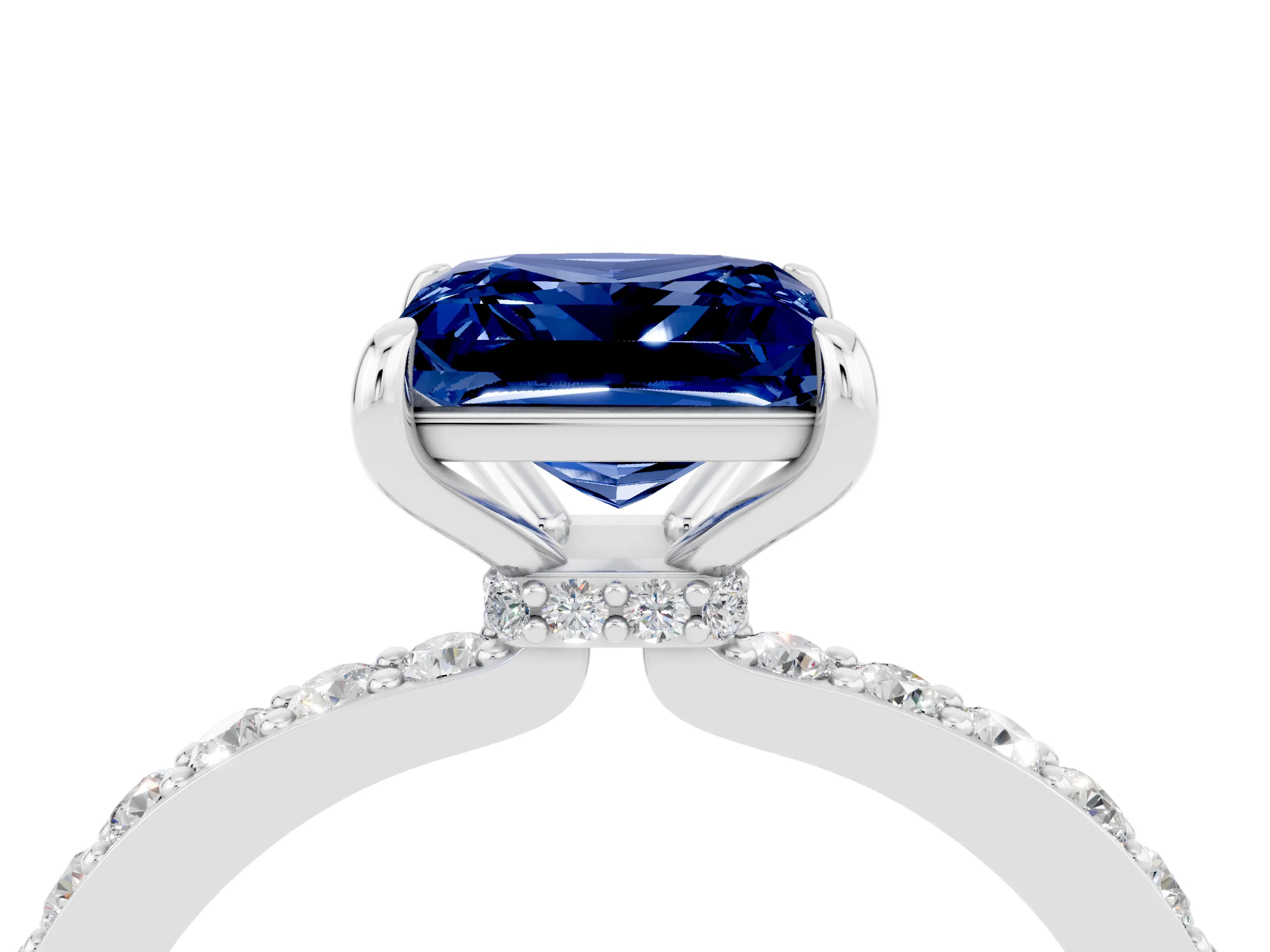 White gold Princess Cut Blue Sapphire Pavé Engagement Ring with Round  Accents and Prong Setting_28