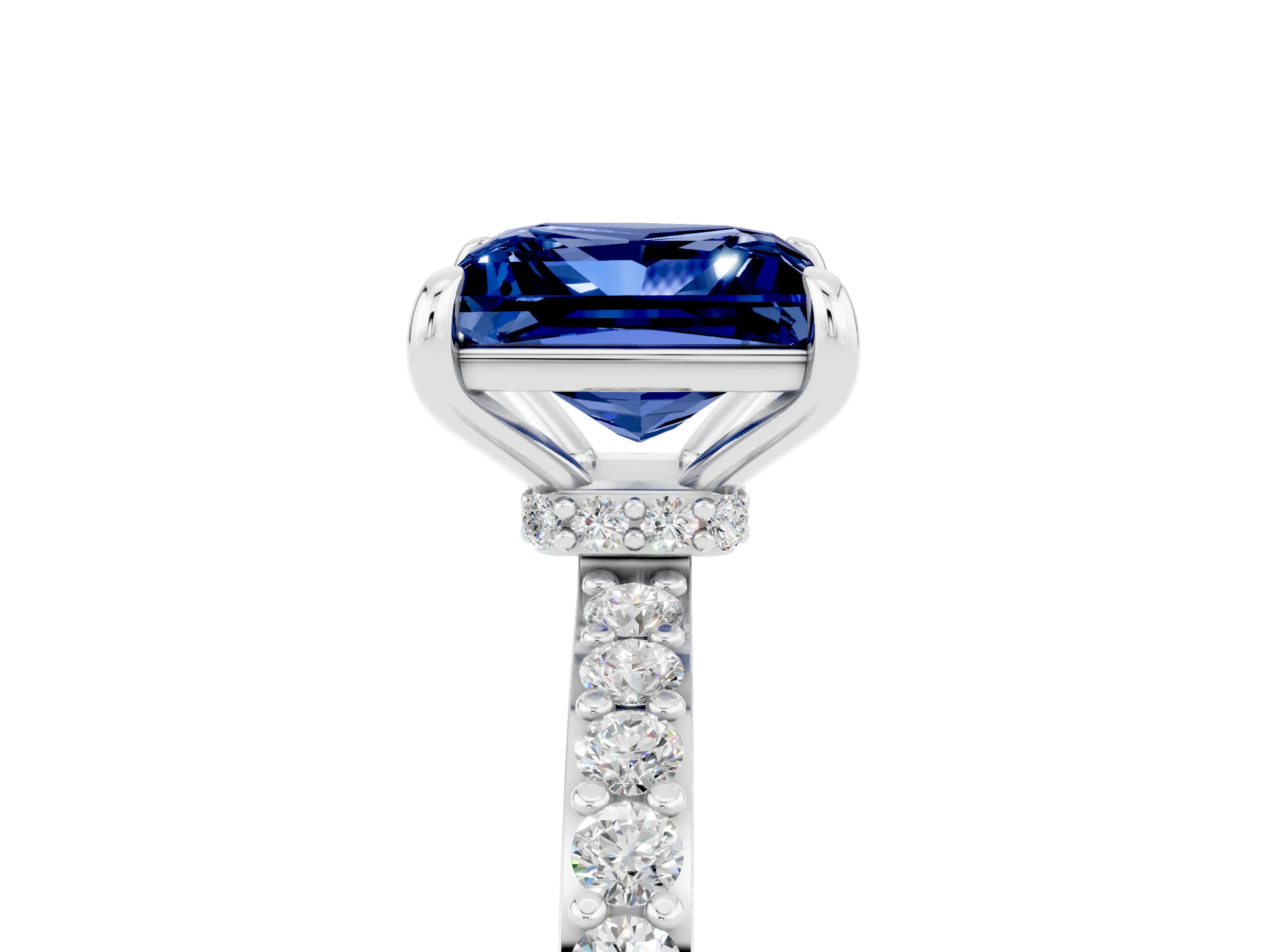 White gold Princess Cut Blue Sapphire Pavé Engagement Ring with Round  Accents and Prong Setting_29
