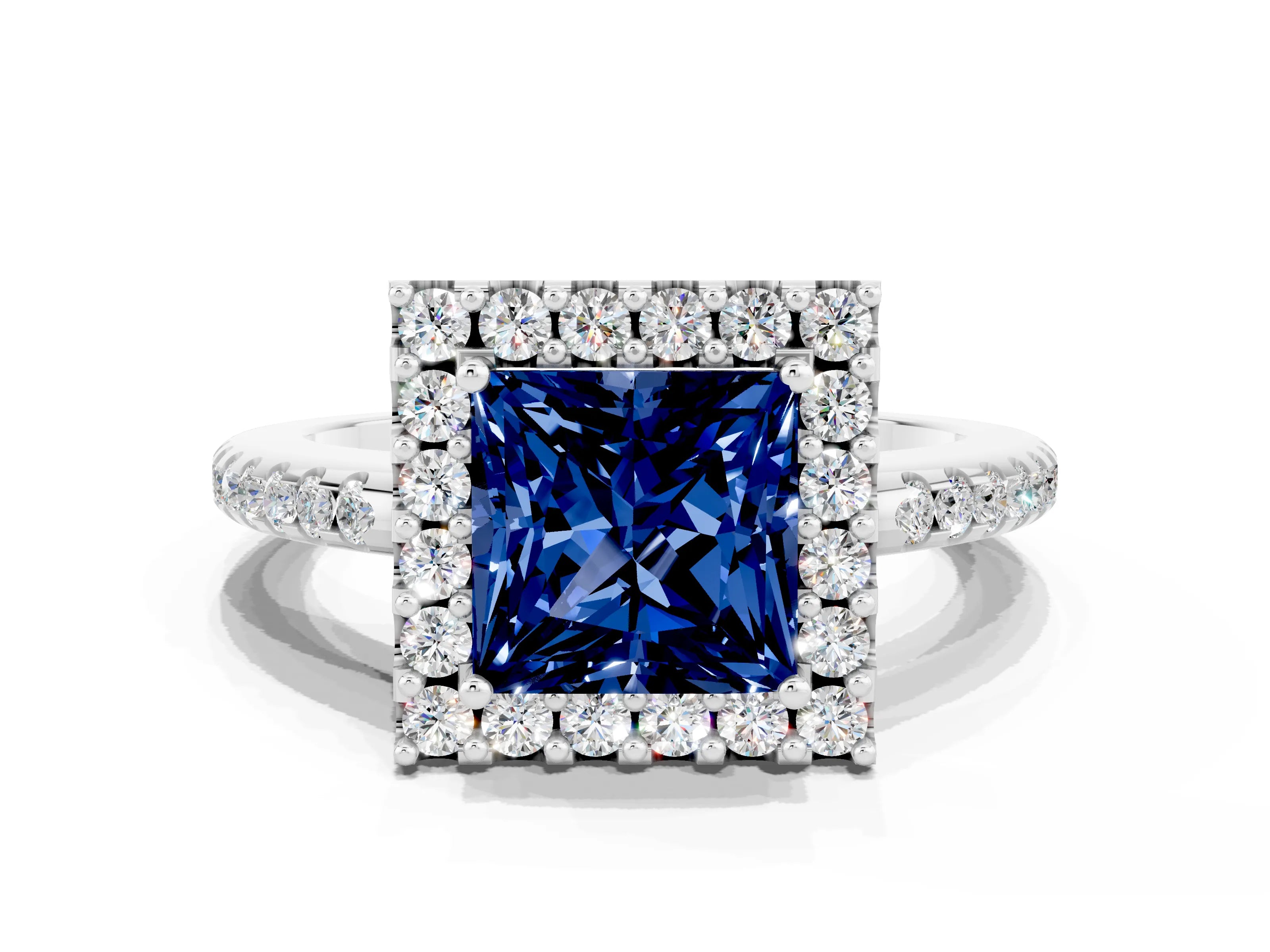 White gold Princess Cut Blue Sapphire Pavé Halo Ring with Four-Prong Setting_12