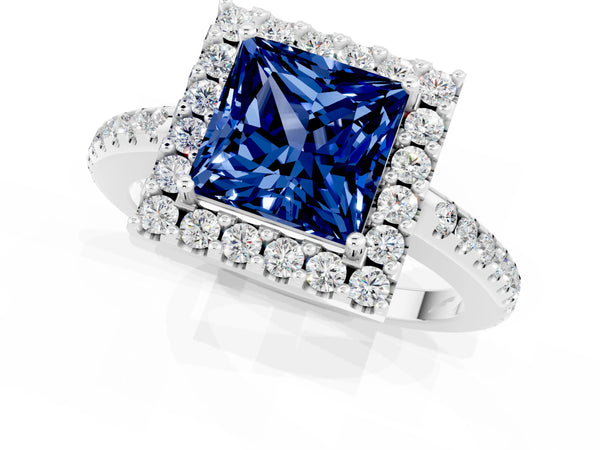 Platinum Princess Cut Blue Sapphire Pavé Halo Ring with Four-Prong Setting