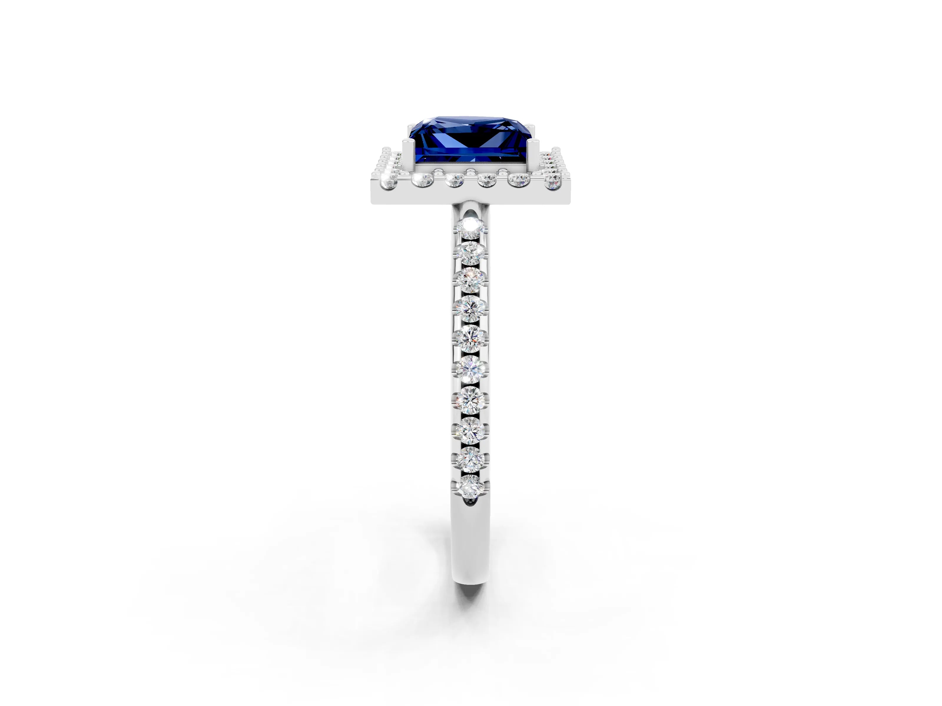 White gold Princess Cut Blue Sapphire Pavé Halo Ring with Four-Prong Setting_14