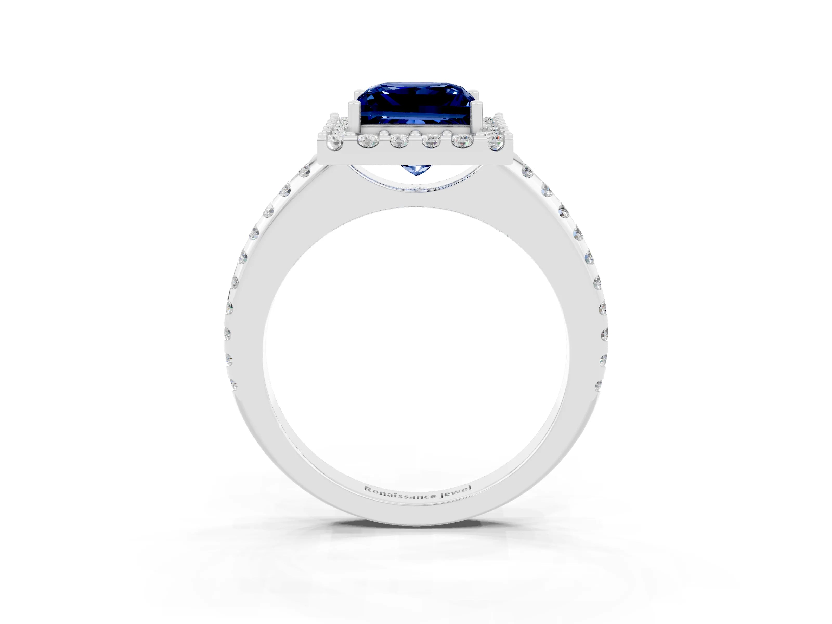 White gold Princess Cut Blue Sapphire Pavé Halo Ring with Four-Prong Setting_15