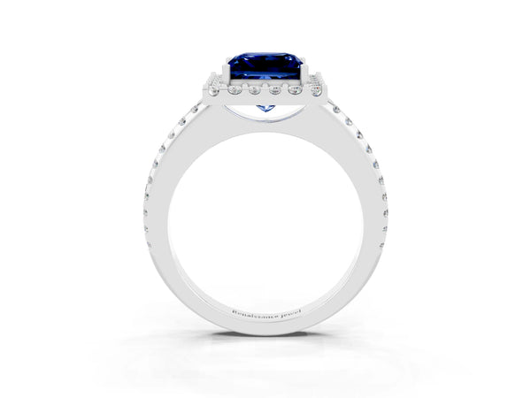 Platinum Princess Cut Blue Sapphire Pavé Halo Ring with Four-Prong Setting