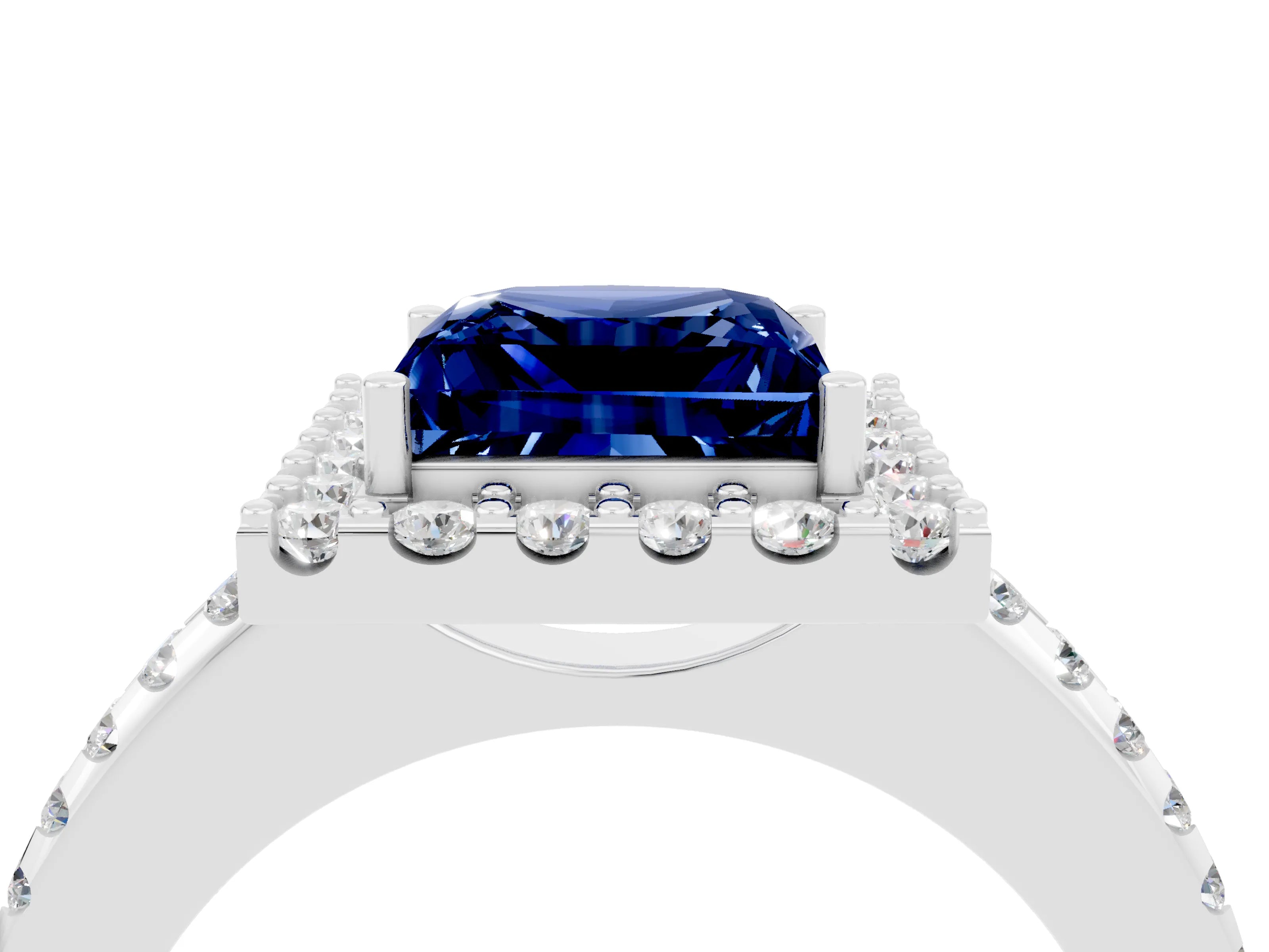 White gold Princess Cut Blue Sapphire Pavé Halo Ring with Four-Prong Setting_16