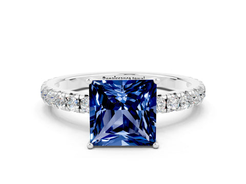 White gold Princess Cut Blue Sapphire Pavé Solitaire Engagement Ring with Four-Prong Setting_12