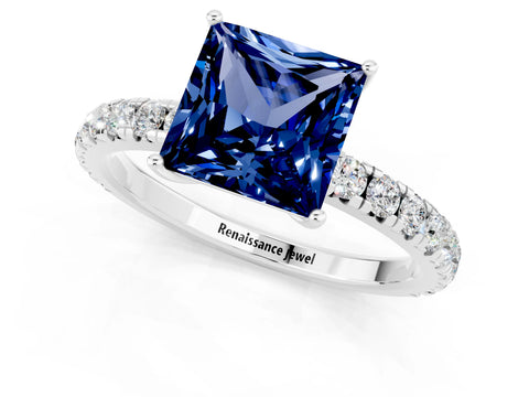White gold Princess Cut Blue Sapphire Pavé Solitaire Engagement Ring with Four-Prong Setting_13