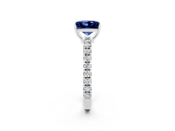 White gold Princess Cut Blue Sapphire Pavé Solitaire Engagement Ring with Four-Prong Setting