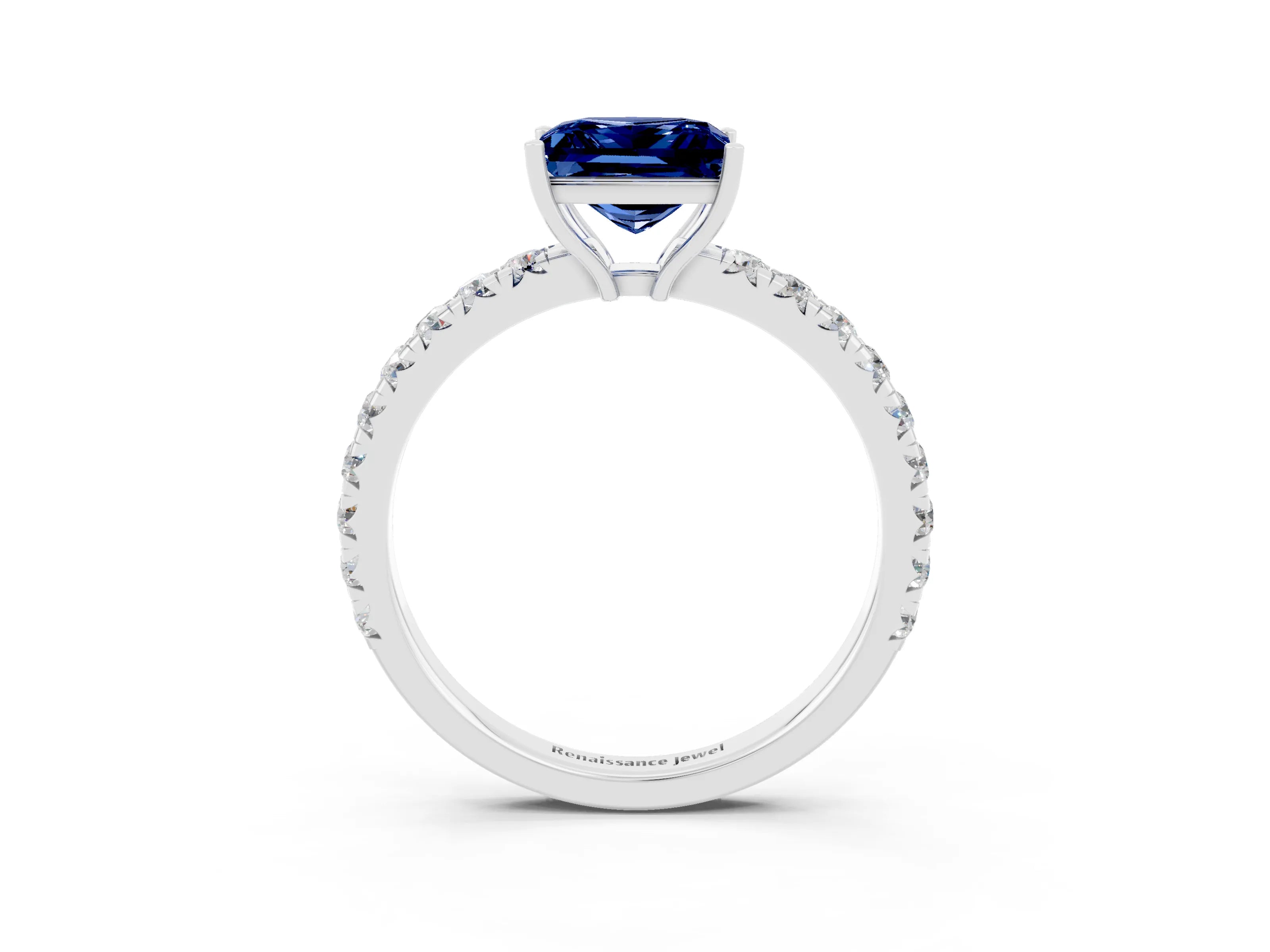 White gold Princess Cut Blue Sapphire Pavé Solitaire Engagement Ring with Four-Prong Setting_15