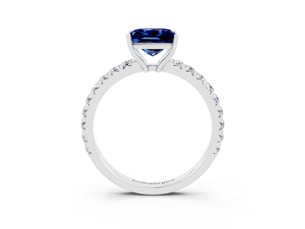 Silver Princess Cut Blue Sapphire Pavé Solitaire Engagement Ring with Four-Prong Setting