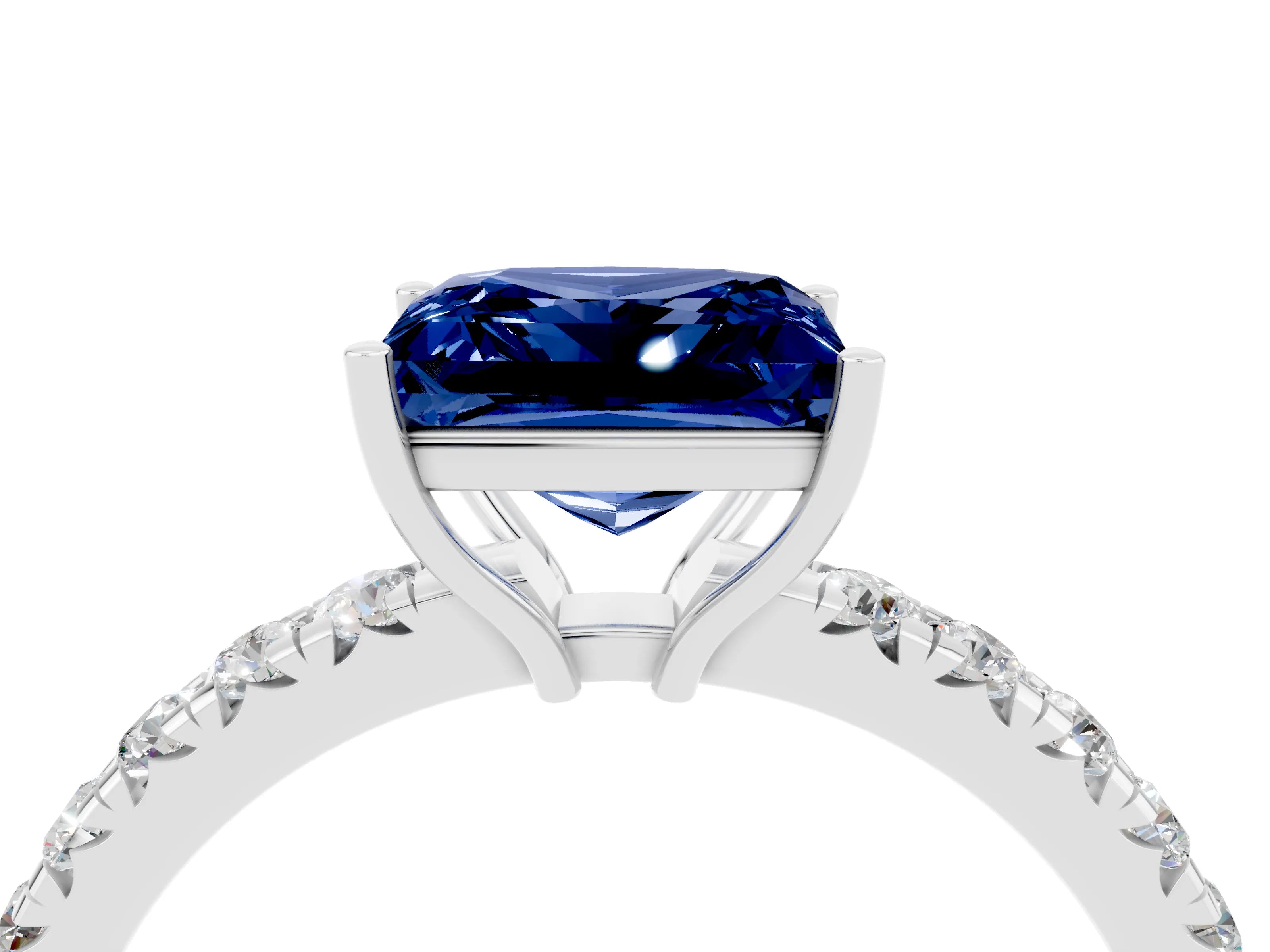 White gold Princess Cut Blue Sapphire Pavé Solitaire Engagement Ring with Four-Prong Setting_16