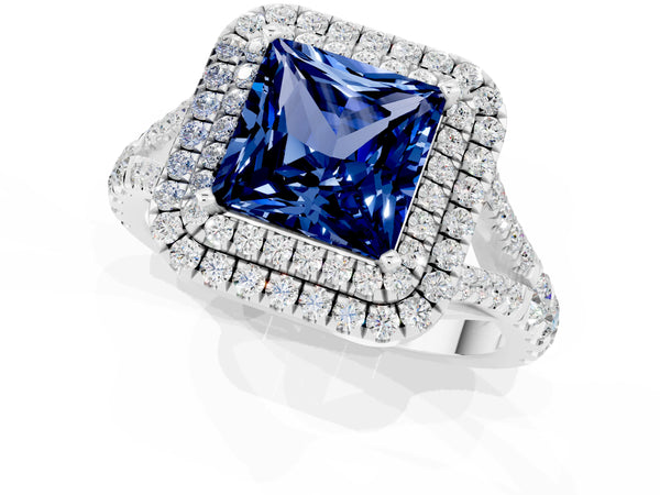 Silver Princess Cut Blue Sapphire Pavé Split Shank Double Halo Engagement Ring