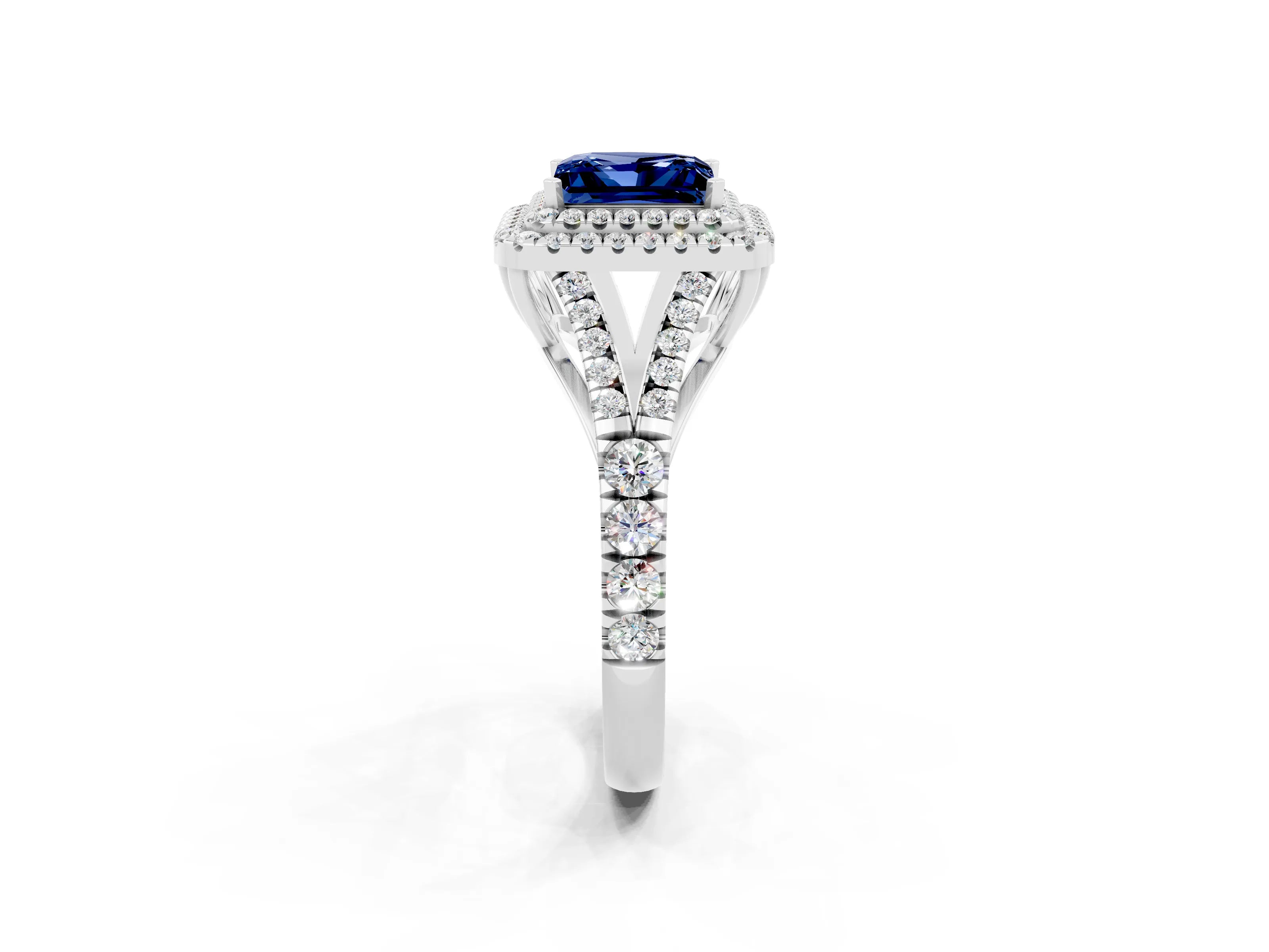 White gold Princess Cut Blue Sapphire Pavé Split Shank Double Halo Engagement Ring_2