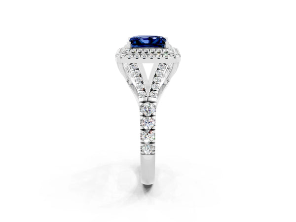 White gold Princess Cut Blue Sapphire Pavé Split Shank Double Halo Engagement Ring