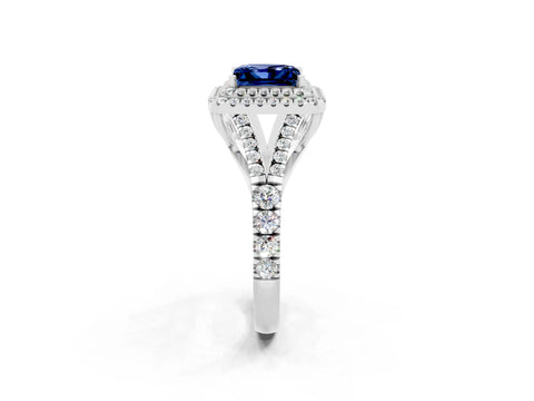 White gold Princess Cut Blue Sapphire Pavé Split Shank Double Halo Engagement Ring_2