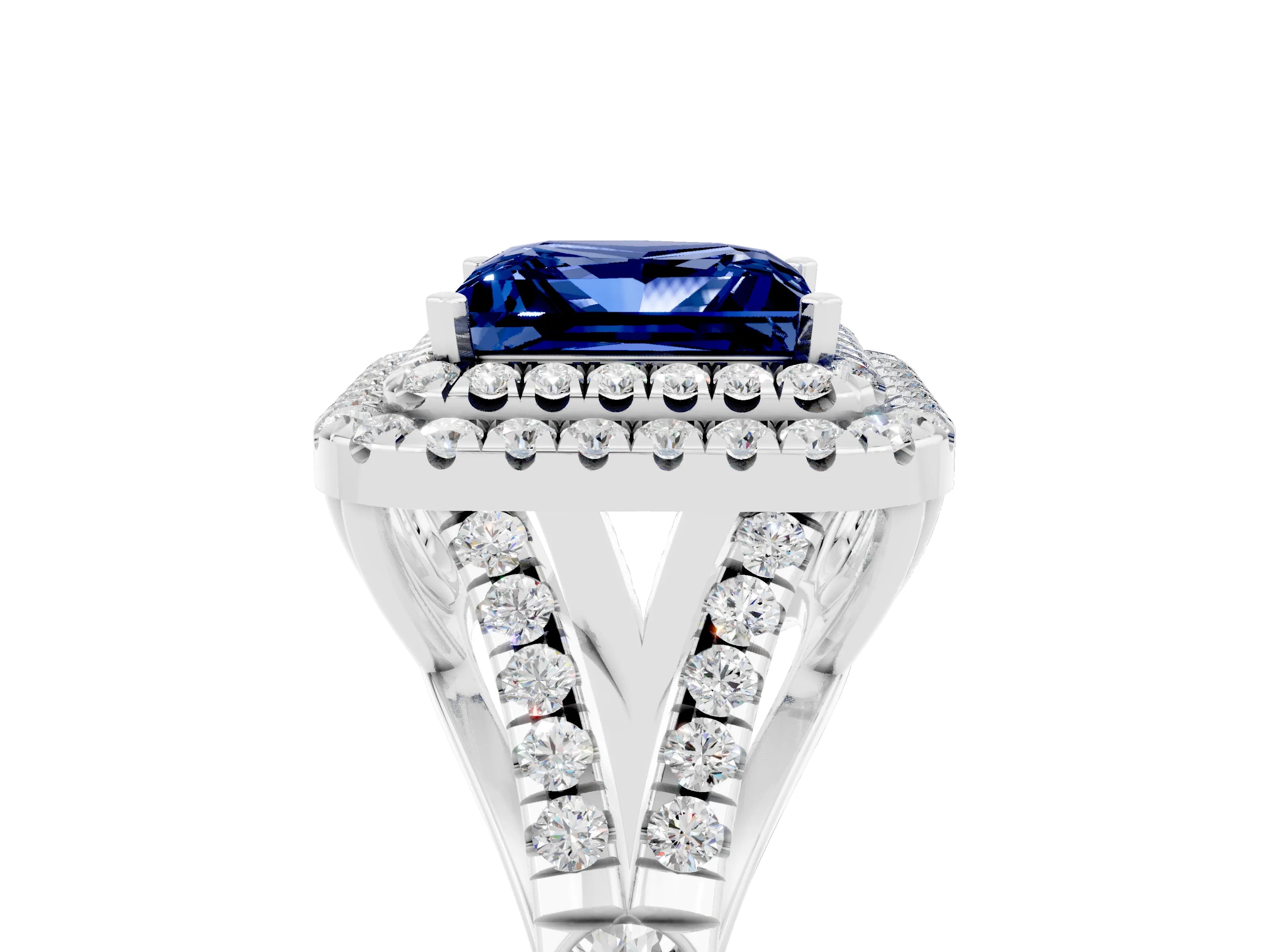 White gold Princess Cut Blue Sapphire Pavé Split Shank Double Halo Engagement Ring_5