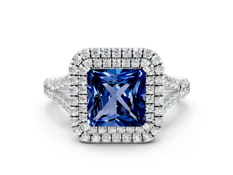 White gold Princess Cut Blue Sapphire Pavé Split Shank Double Halo Engagement Ring