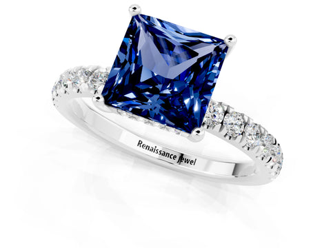 White gold Princess Cut Blue Sapphire Pave Band Solitaire Ring with Four-Prong Setting_25