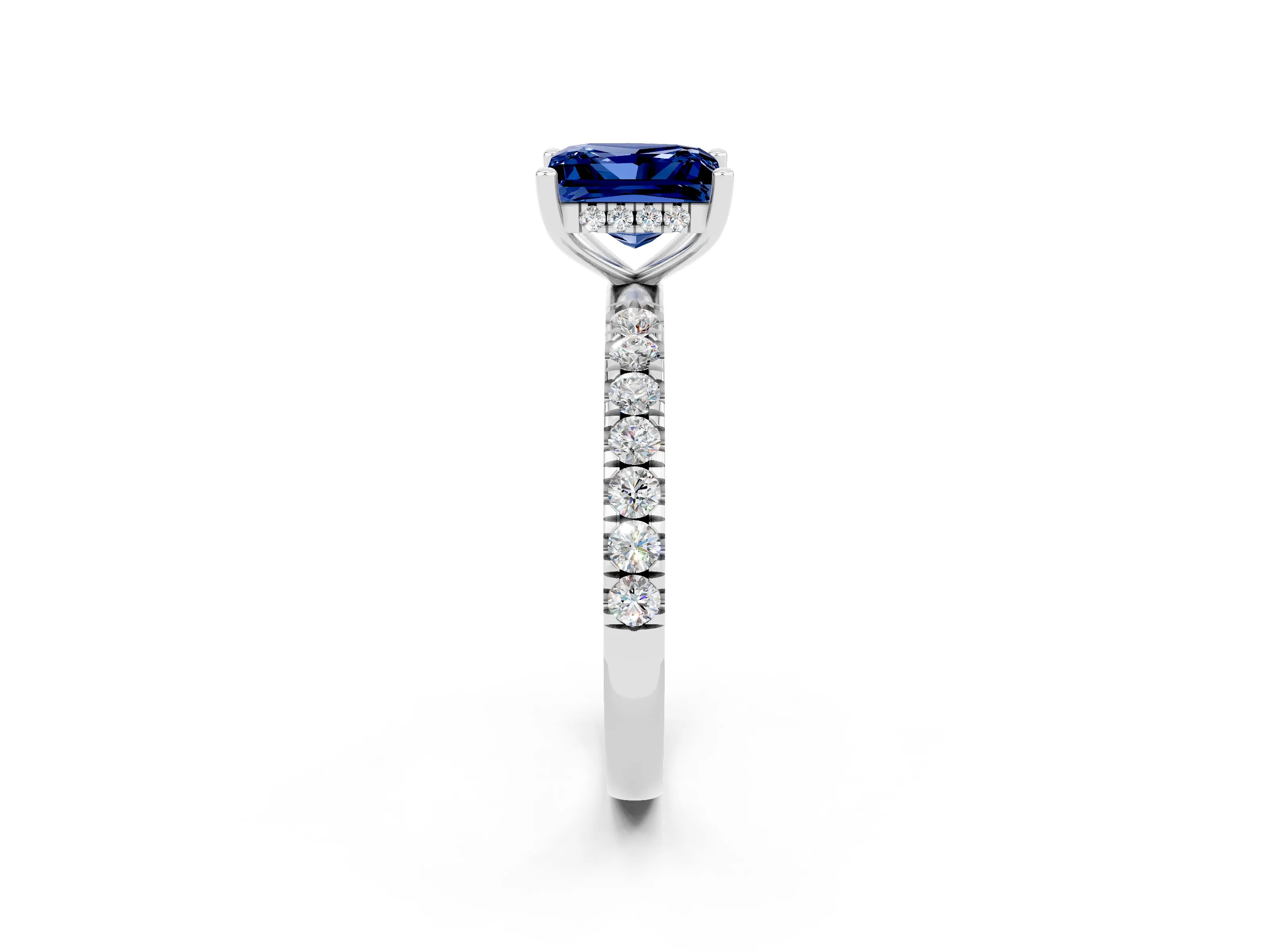 White gold Princess Cut Blue Sapphire Pave Band Solitaire Ring with Four-Prong Setting_26