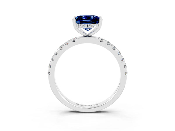 Platinum Princess Cut Blue Sapphire Pave Band Solitaire Ring with Round  and Prong Setting
