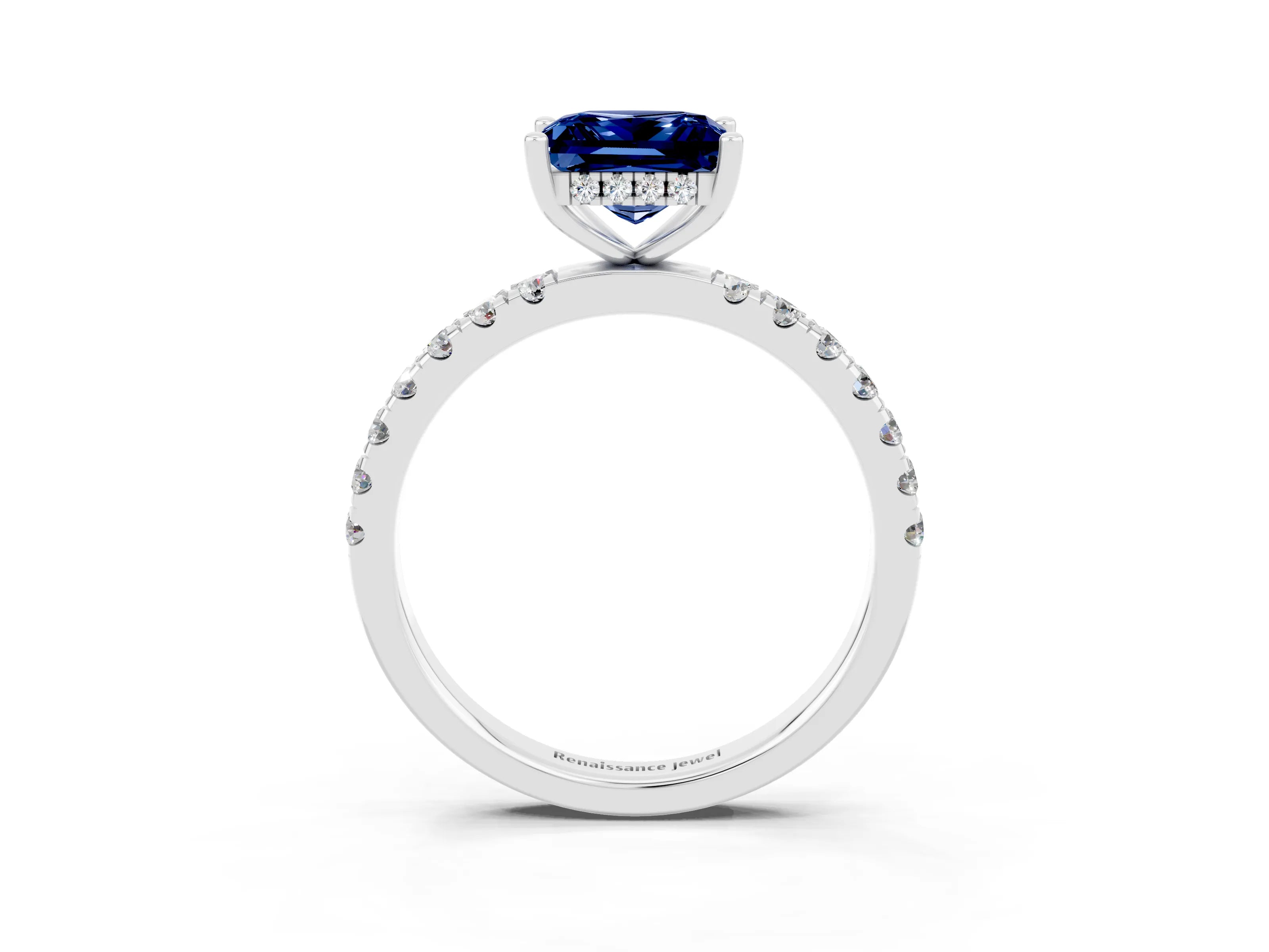 White gold Princess Cut Blue Sapphire Pave Band Solitaire Ring with Four-Prong Setting_27