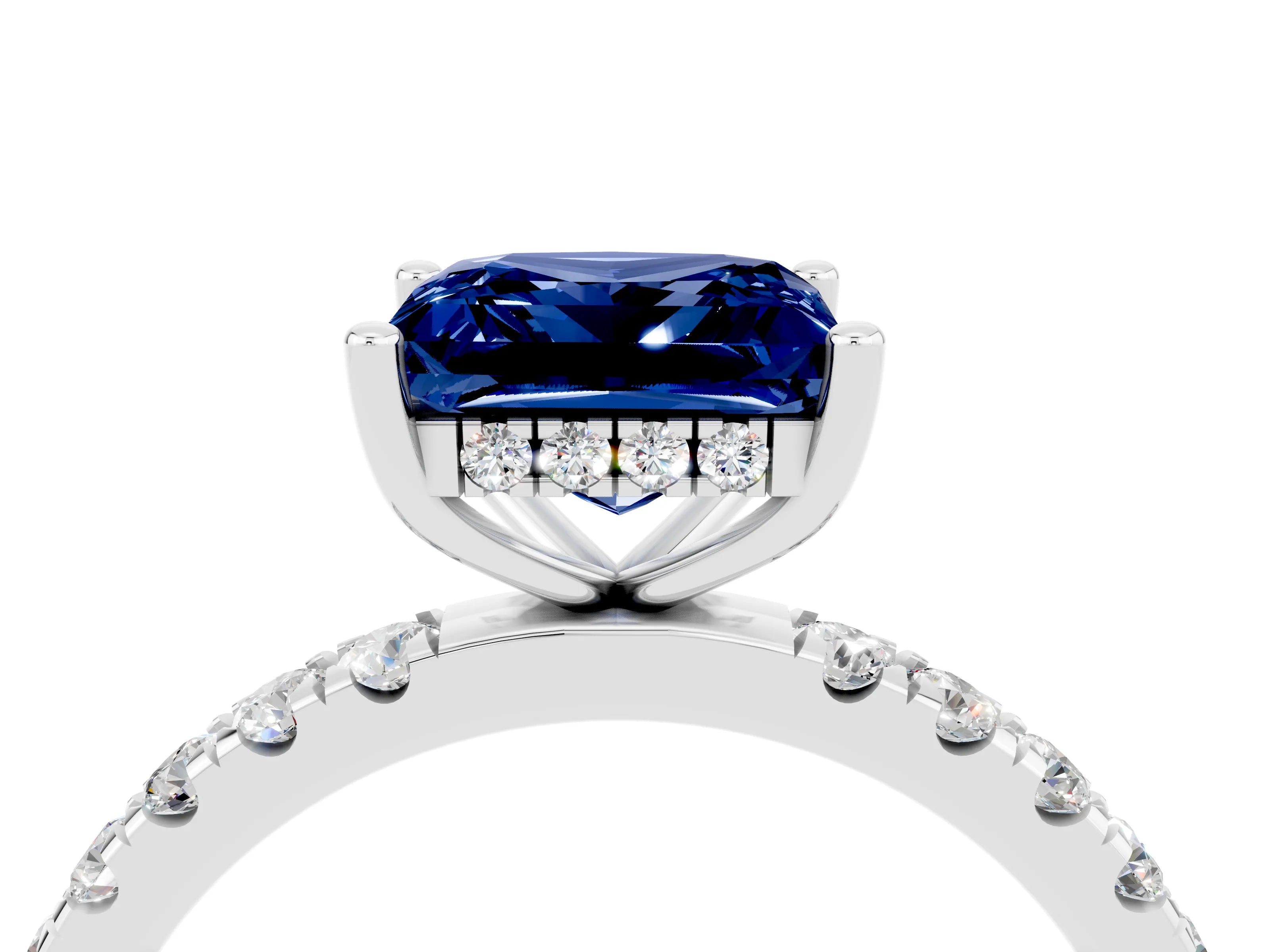 White gold Princess Cut Blue Sapphire Pave Band Solitaire Ring with Four-Prong Setting_28