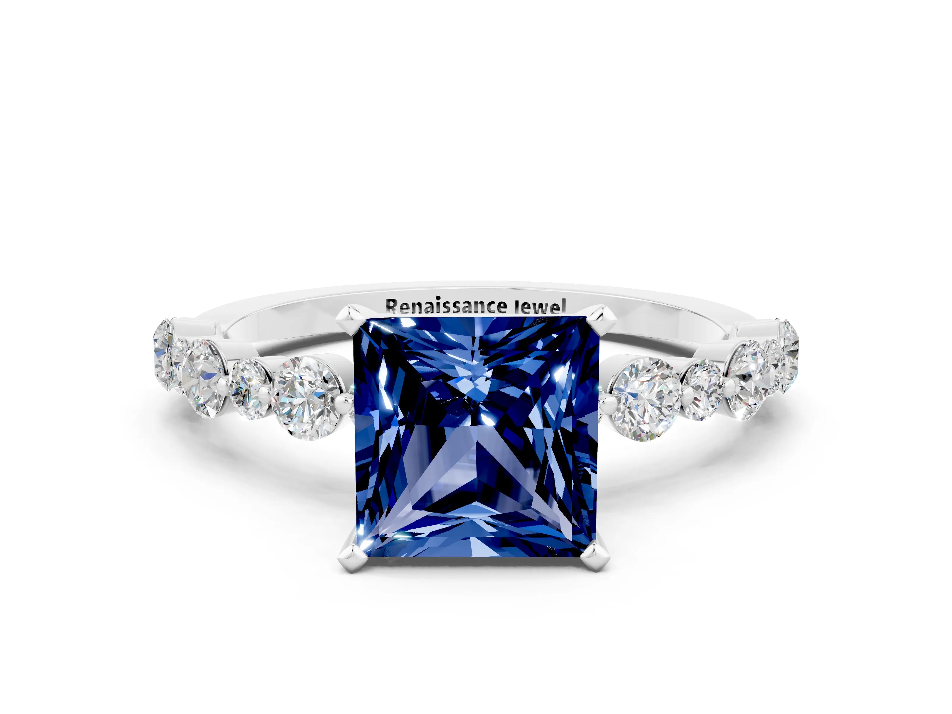 White gold Princess Cut Blue Sapphire Prong Set Engagement Ring with Pavé Band