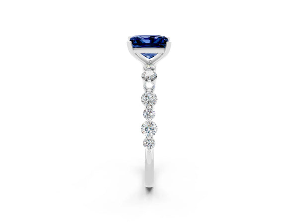 White gold Princess Cut Blue Sapphire Prong Set Engagement Ring with Pavé Band