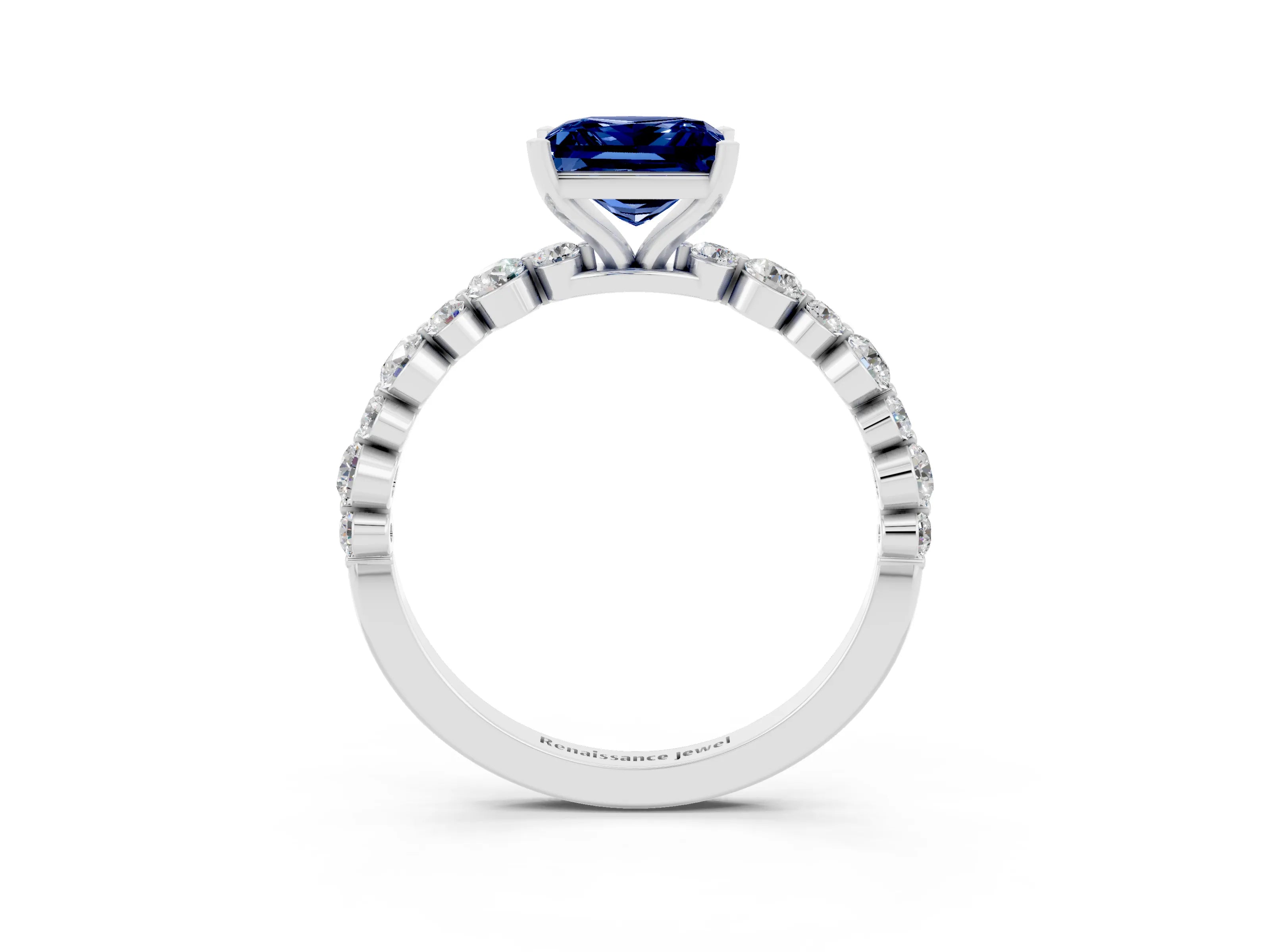 White gold Princess Cut Blue Sapphire Prong Set Engagement Ring with Pavé Band_3