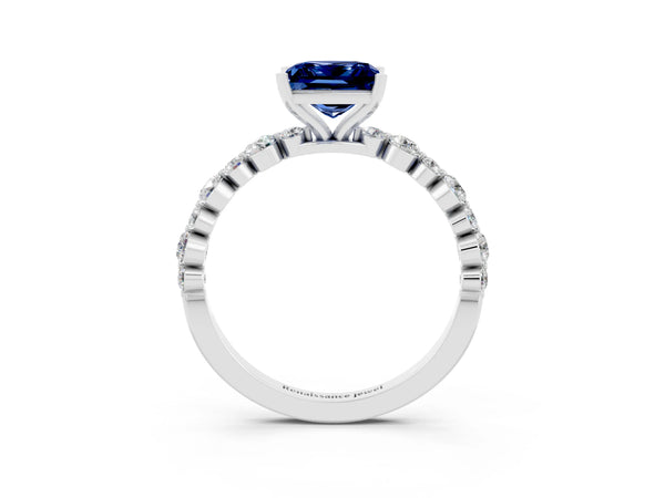 White gold Princess Cut Blue Sapphire Prong Set Engagement Ring with Pavé Band