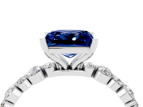 White gold Princess Cut Blue Sapphire Prong Set Engagement Ring with Pavé Band_4