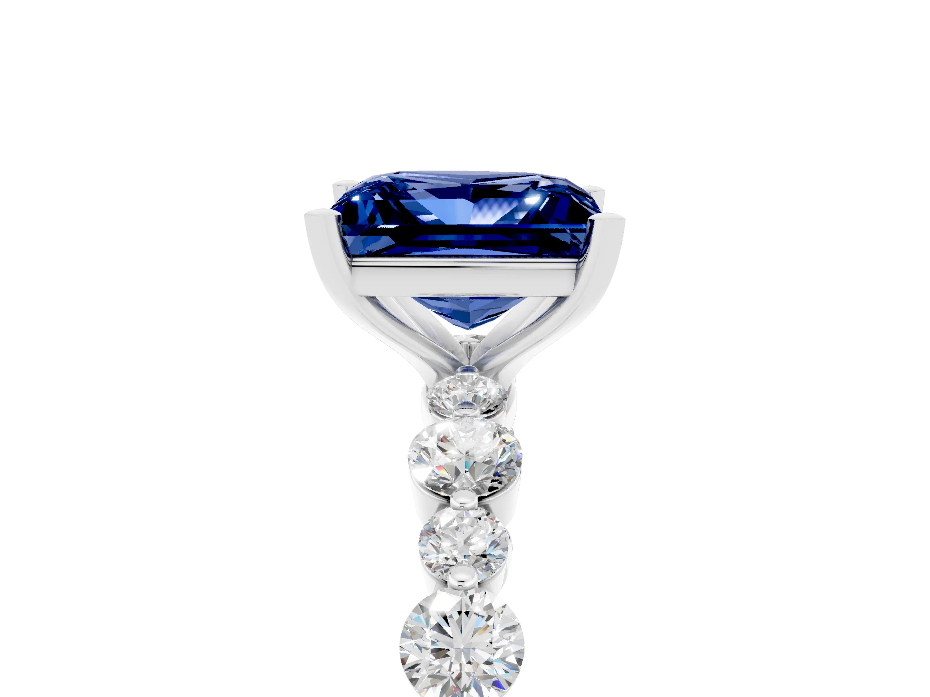 White gold Princess Cut Blue Sapphire Prong Set Engagement Ring with Pavé Band_5