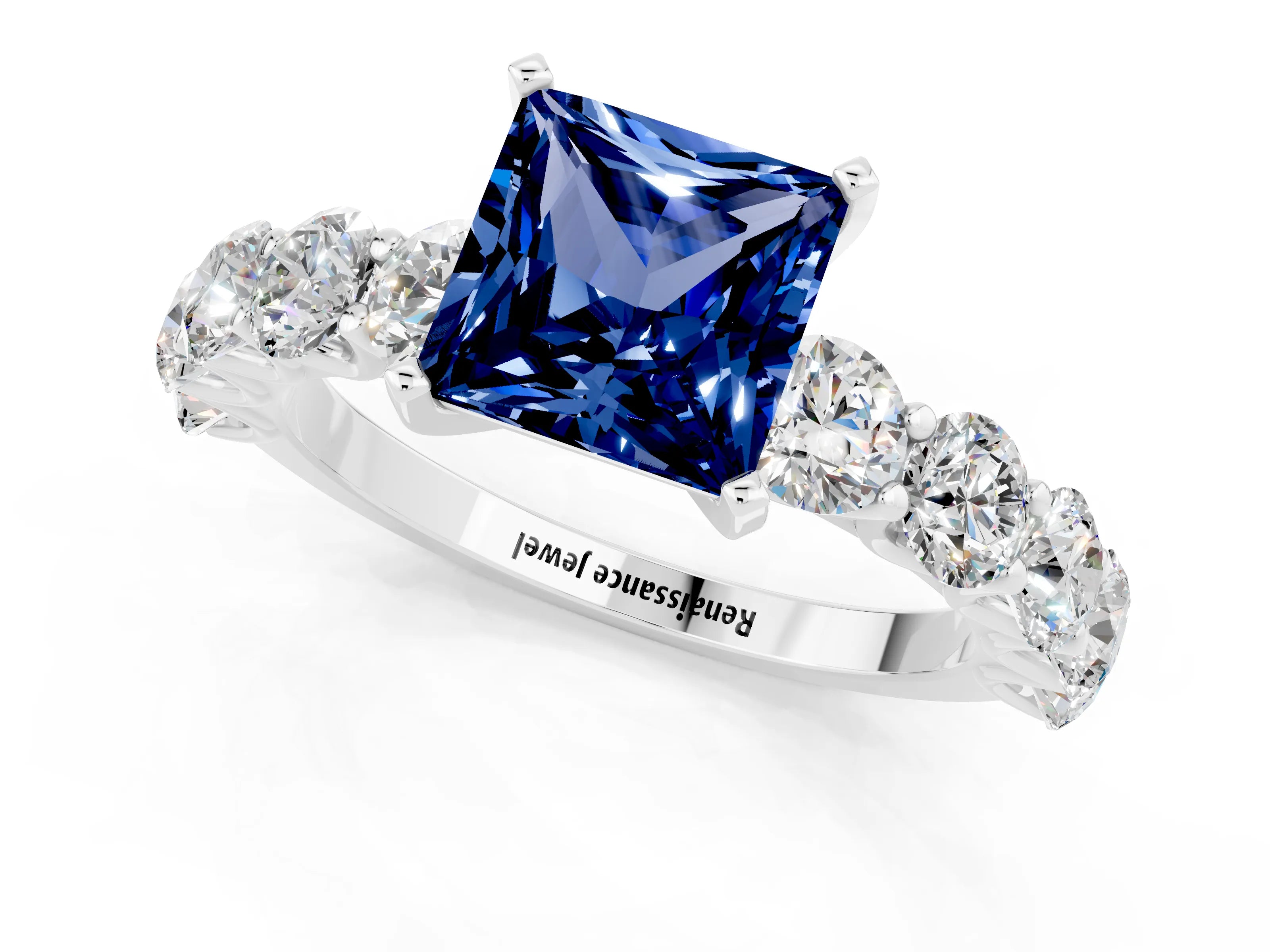 White gold Princess Cut Blue Sapphire Prong Setting with Side Stones on a Pave Band_1