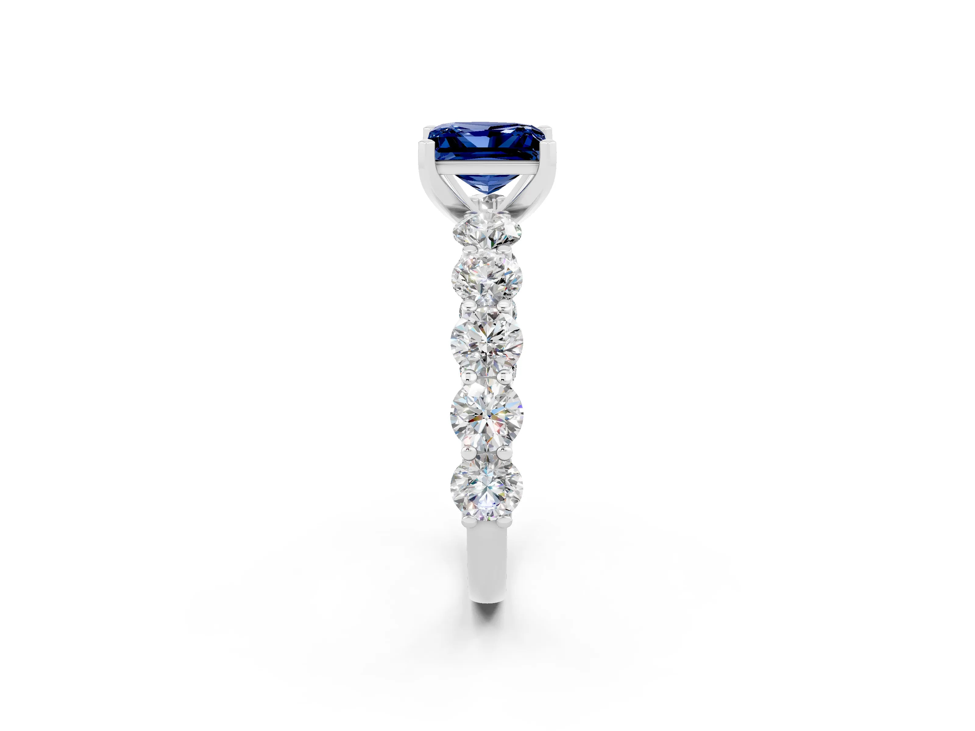 White gold Princess Cut Blue Sapphire Prong Setting with Side Stones on a Pave Band_2