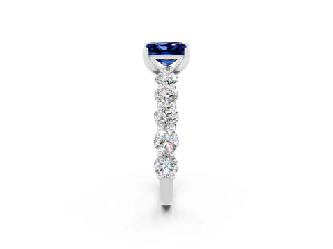 White gold Princess Cut Blue Sapphire Prong Setting with Side Stones on a Pave Band_2